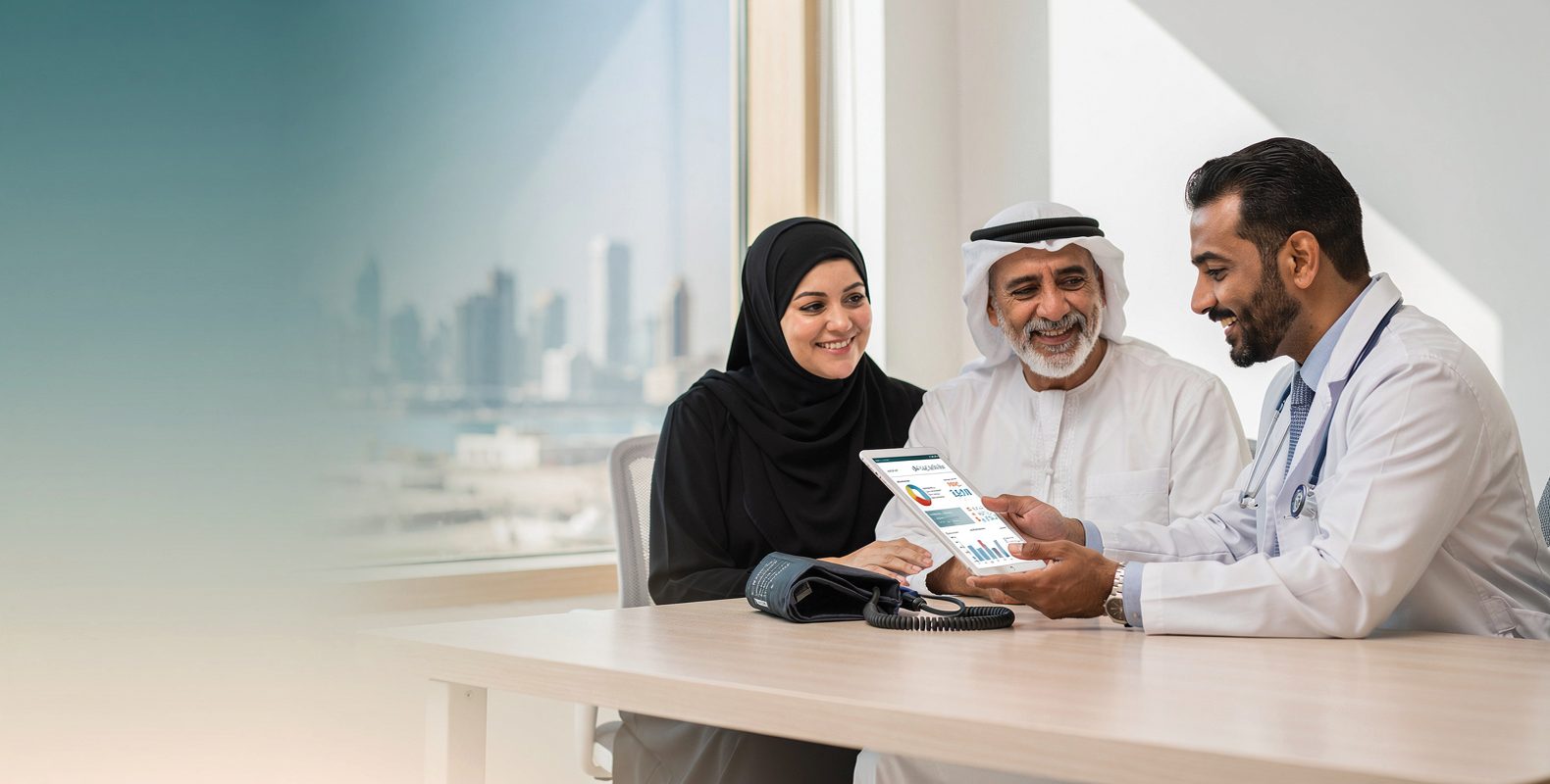 A doctor showing a health report on a tablet to a smiling couple