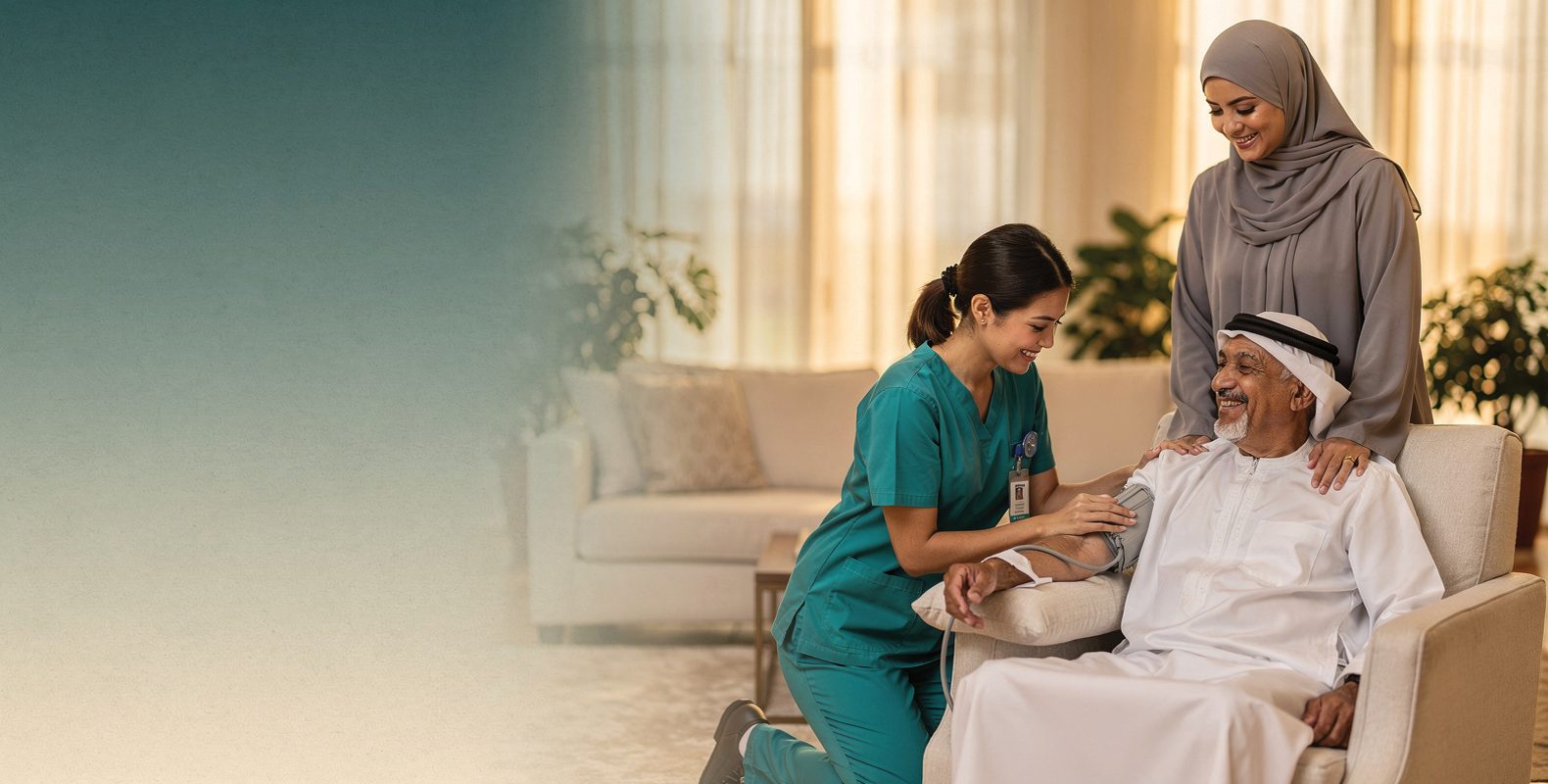 A home nurse checking an elderly man's blood pressure at home, his daughter beside him
