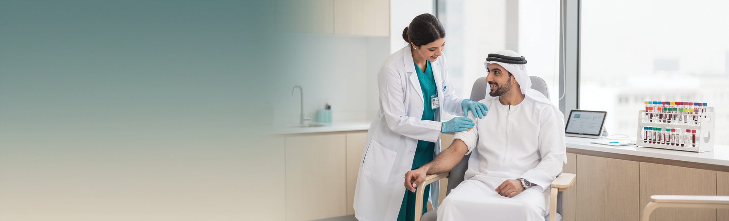 A smiling lab nurse placing a plaster on a relaxed patient's arm after a blood test